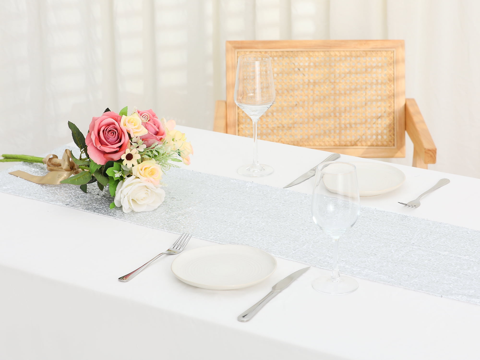 Unique Bargains Sequin Table Runner, Silver, 12" W x 108" L