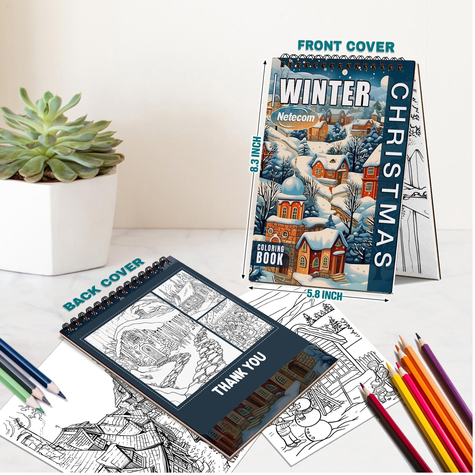Netecom Christmas Winter Coloring Book Spiral Bound for Adults, A5 Wooden Cover, 30 Stunning Coloring Pages of Winter Landscapes for Stress Relief and Relaxation