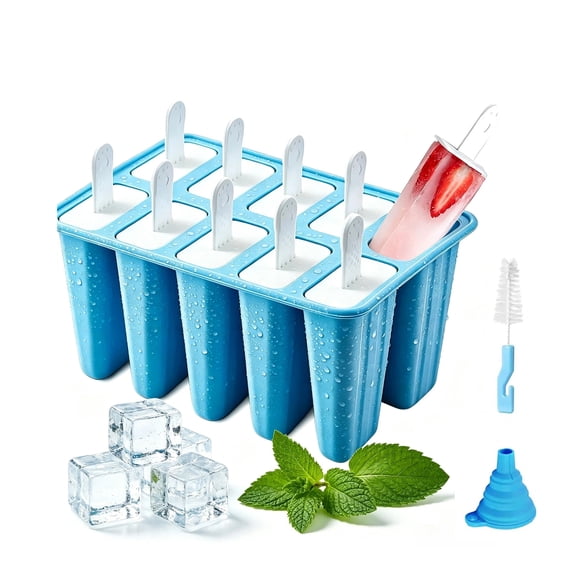 RYLZX Silicone Popsicle Molds 10-cavity, DIY Ice Pop Mold for Kids Adult Teens, Ice Cream Molds for Party Yogurt Juice Smoothies Sticks-Blue