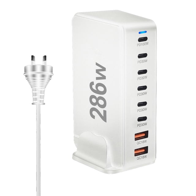 Cargador tipo C de 268 W y 100 W con concentrador de 8 puertos y estación de carga multiUSB PD de carga rápida.