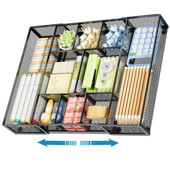 Marbrasse Expandable Desk Drawer Organizer, Mesh Drawer Organizer Tray with 10 Adjustable Compartments, Desk Organizers and Accessories