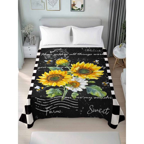 Full Flat Sheet Only Farm Sunflower Plant Bee Soft Microfiber Cooling Bedding Sheets Black and White Checker Flat Bed Sheet for Hotel,Home Decor