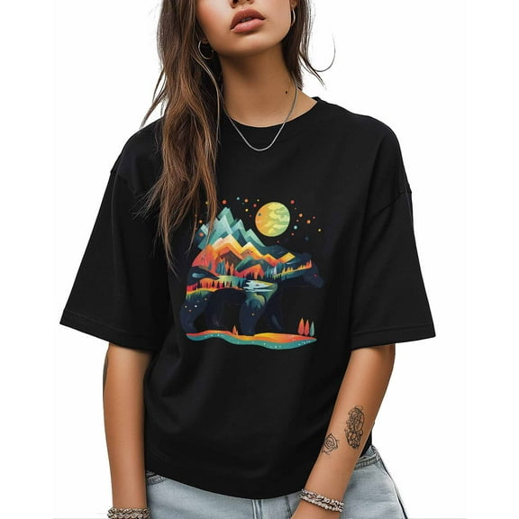 T Shirts for Women Short Sleeve Cotton Crewneck T-Shirt, Abstract Nature Landscape Bear Tee Tops Casual Basic T-Shirts, XS-5XL Black XL
