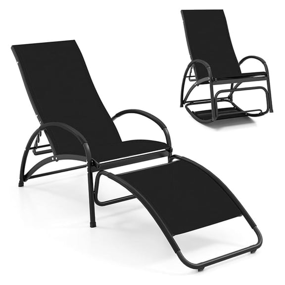 2-in-1 Outdoor Rocking Chair, Convertible Lounge Chair with 4-Position Adjustable Backrest, Curved Armrests, Lightweight Aluminum Frame, Patio Lounger Rocker for Porch, Poolside, Black
