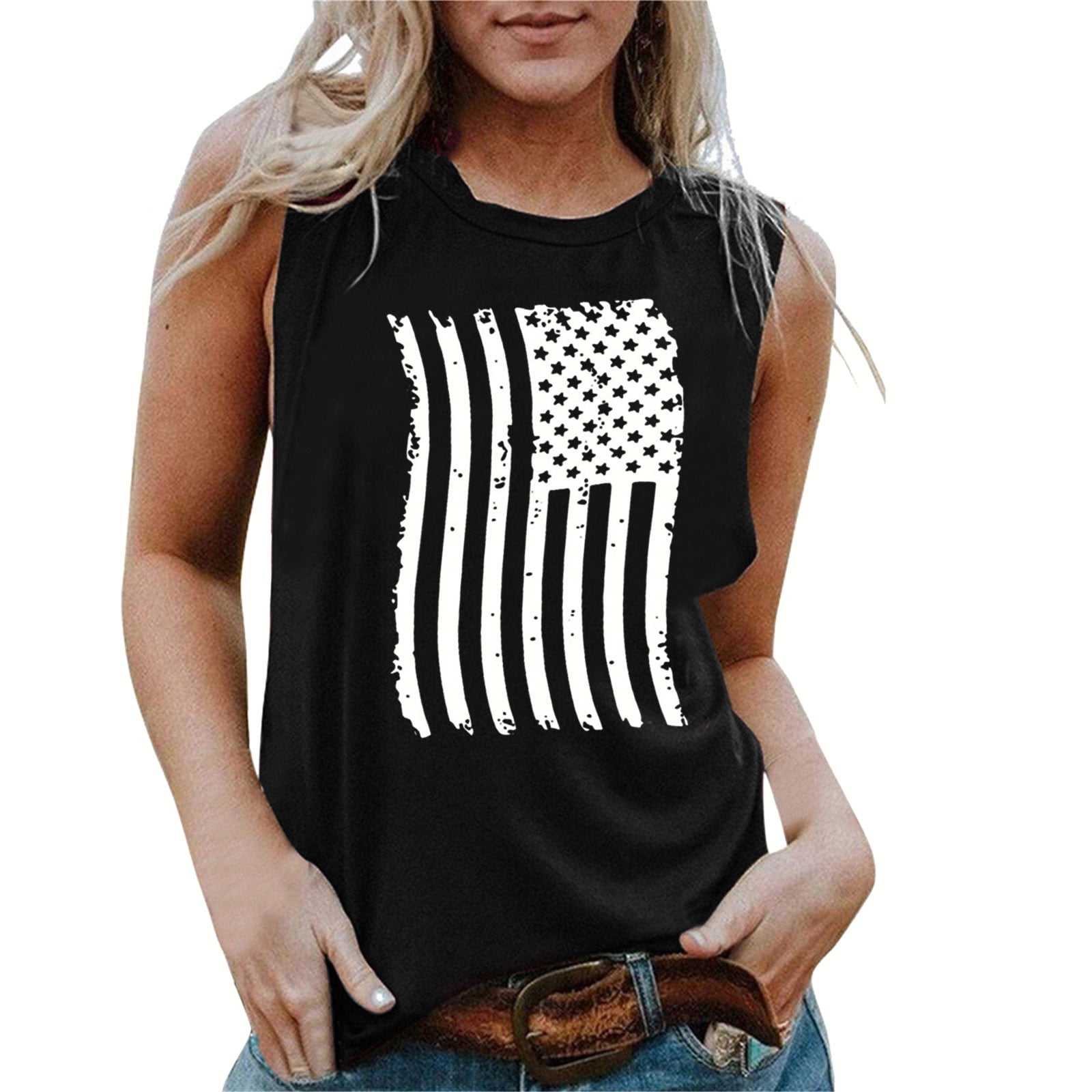 4Th Of July Shirts Womens Summer Tops Fashion Women O-Neck Sleeveless Independence Day Flag 