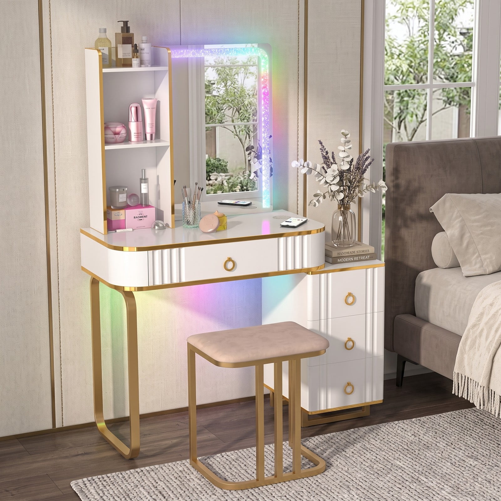 Furnibear Vanity Table Set with RGB LED Lights and Wireless Charging, Makeup Vanity Desk with Storage Shelves and Cushioned Stool, White
