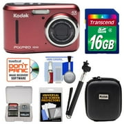 Angle View: KODAK PIXPRO Friendly Zoom FZ43 Digital Camera (Red) with 16GB Card + Case + Selfie Stick + Kit