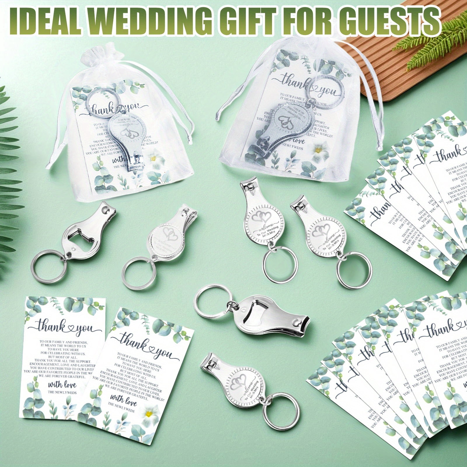 100Set Multi-Function Wedding Keychain Favors, 3 in 1 Nail Clippers Bottle Opener Keychain with Thank You Cards & Organza Bags, Practical Gifts for Baptisms Weddings Baby Showers, Silvery