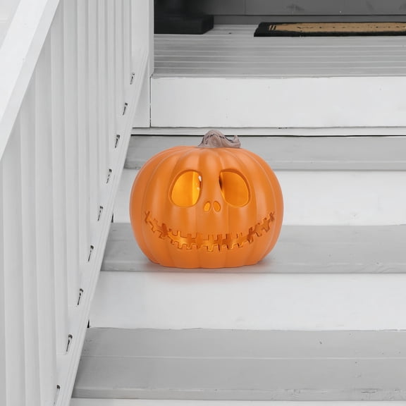 9-inch LED Halloween Pumpkin Light - Scary Jack O'Lantern for Indoor/Outdoor Holiday Decor, Shelf & Mantel