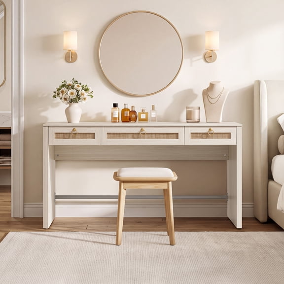 SICOTAS 59.05" W Home Office Computer Desk with Ample Storage,Boho Writing Desk with 3 Spacious Drawers & Unique Rattan Decor, Farmhouse Coastal Classic Style, Cream White