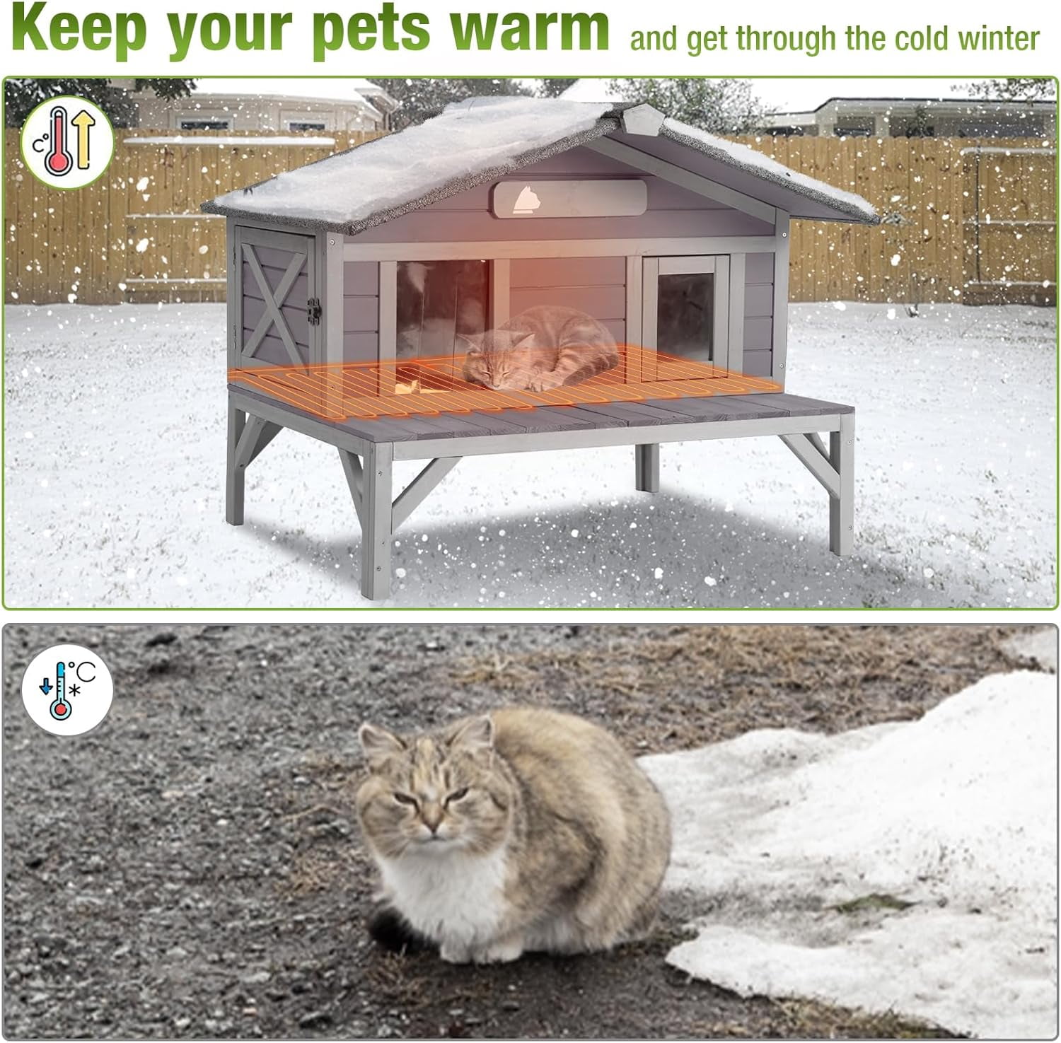 Aivituvin Heated Outdoor Cat House Weatherproof Large Cat Shelter with 100% Insulated Liner for Multiple Cats, Cat Houses for Indoor Cats Gray
