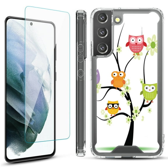 Shockproof Bumper Phone Case for Samsung Galaxy S22  / S22 Plus 5G, with Tempered Glass Screen Protector, by OneToughShield ® - Tree Owl