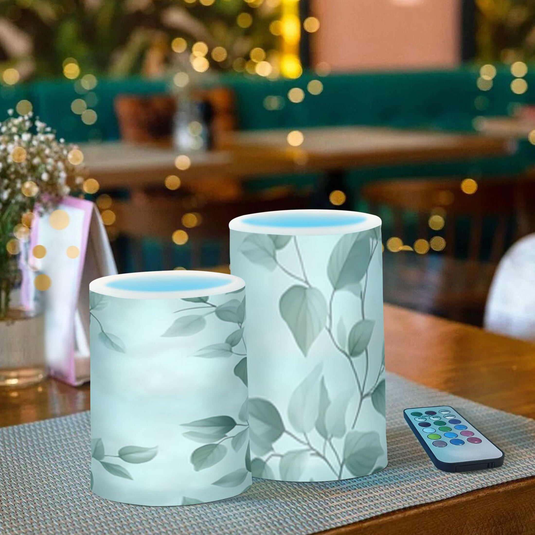 Watercolor Green Leaf Flickering Flameless Candles Battery Operated with Remote Timer LED Pillar Candles Set of 2