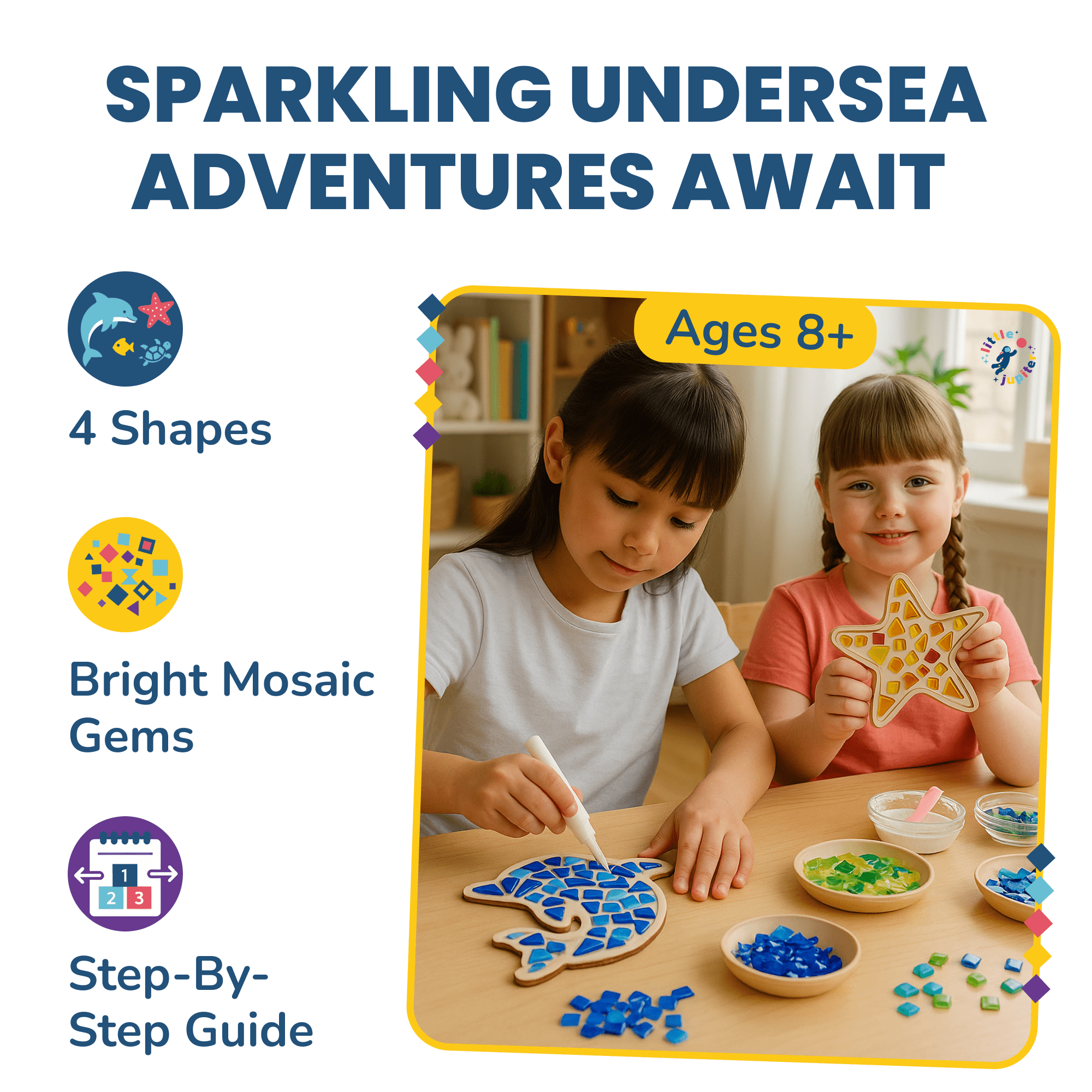 DIY Glass Mosaic Art Kit (Sea Creatures - 4pcs) - Includes Starfish, Fish, Turtle, & Dolphin