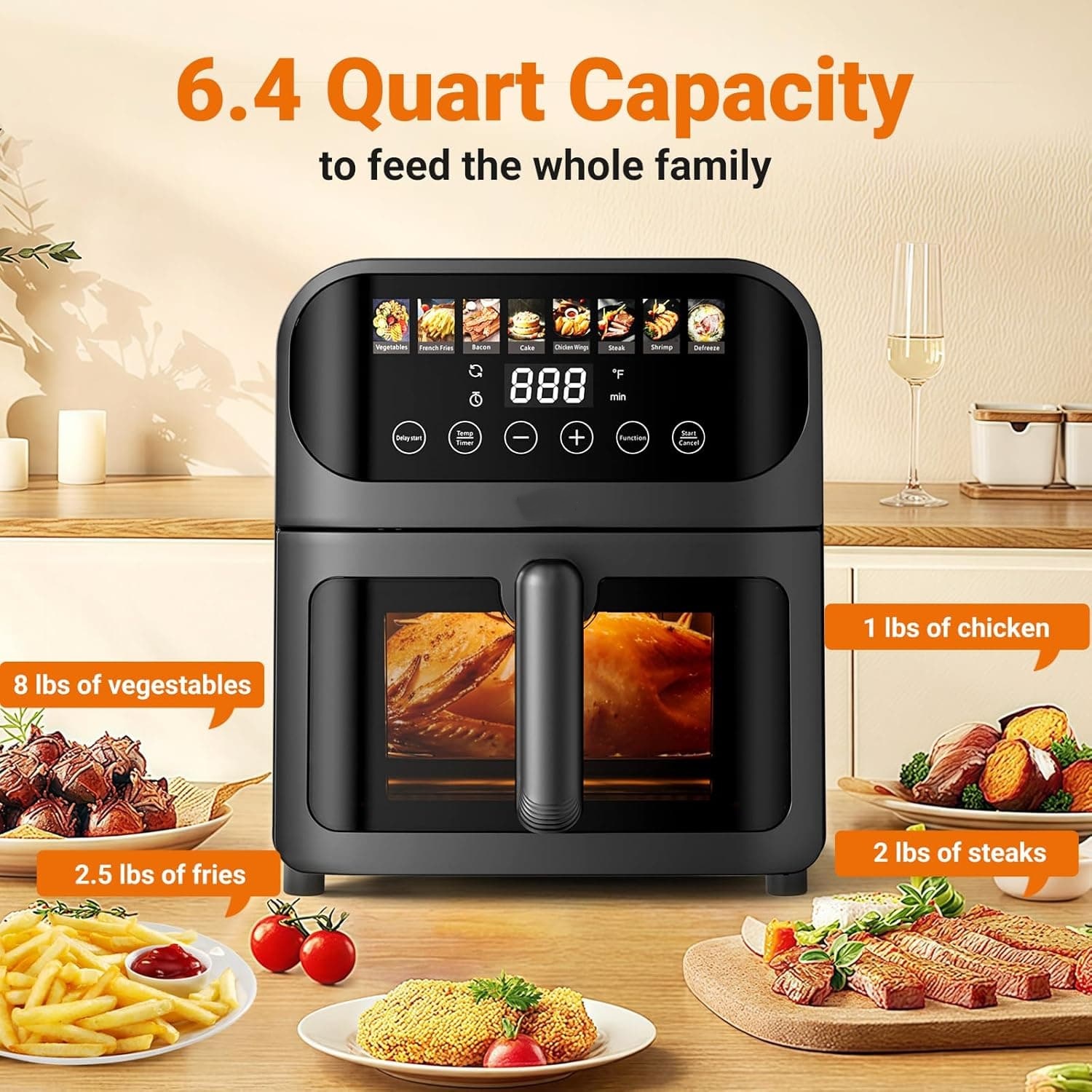 Air Fryer, Stainless Steel Airfryer 8 Presets for Fast Family Meals, 6.4Qt Large Visible Window Temp Timer Adjustable Roast Bake Crisp French Fries Steak, Non Stick Basket Dishwasher Safe