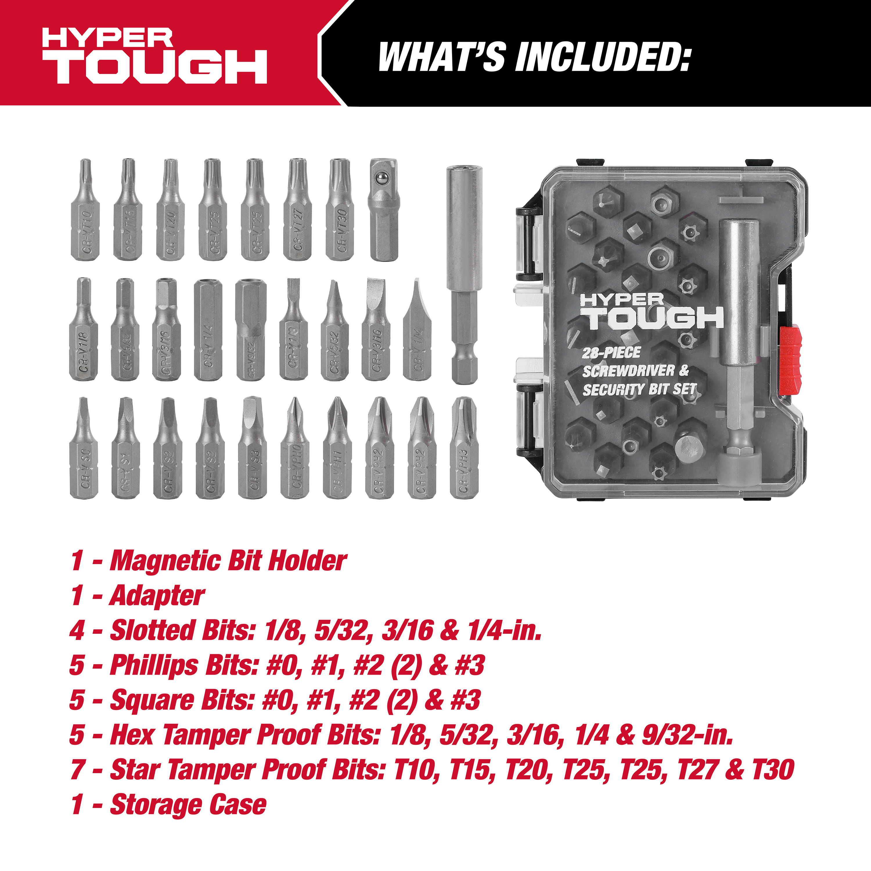 Set de 28 Piezas de Puntas de Seguridad y Destornillador en Estuche Hyper Tough 2