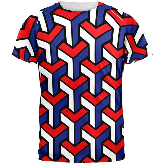 3d Red White & Blue Blocks All Over Adult T-Shirt - 2X-Large