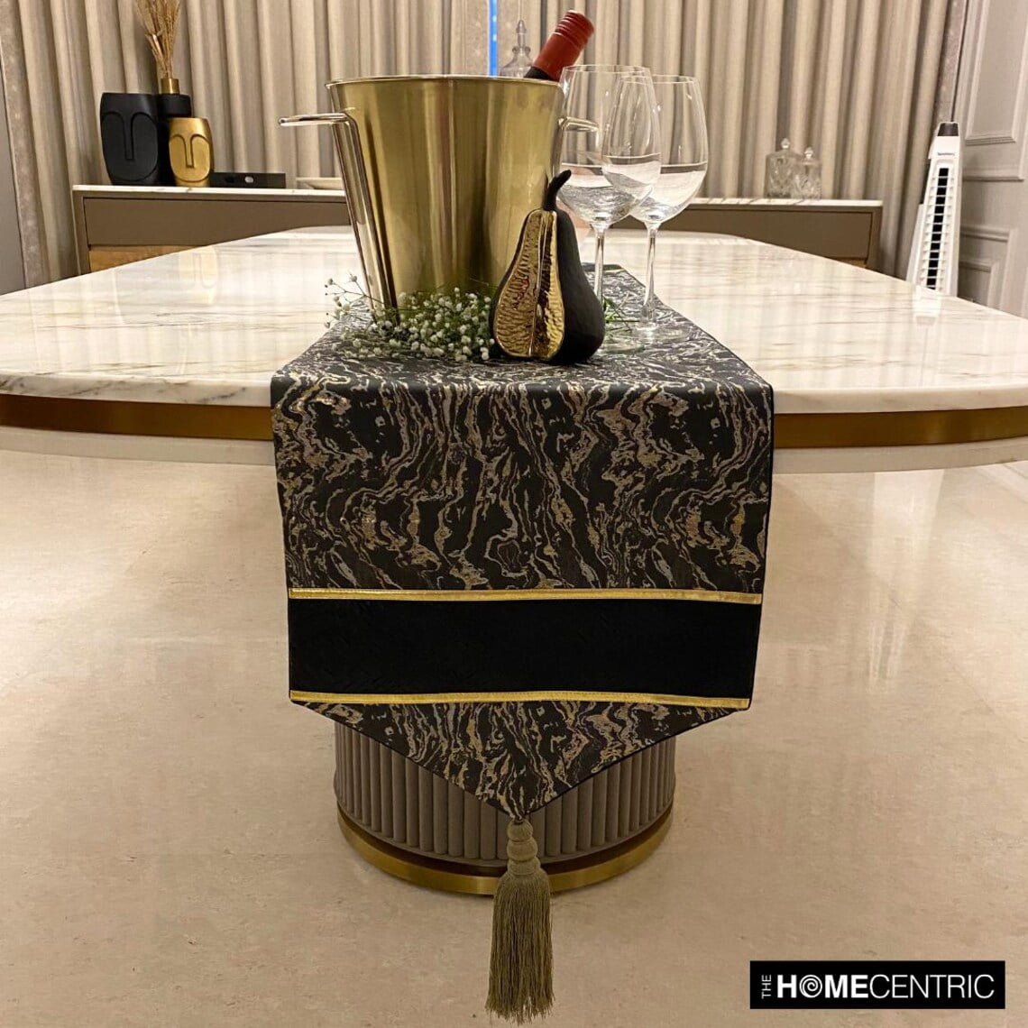 Decorative Black Table Runner 4 Seater Table Runner (14 x 48 inch), Tassles & Marble pattern Table Runner, Leather fabric Table Linen, Abstract Halloween Decorations - Leather Runway