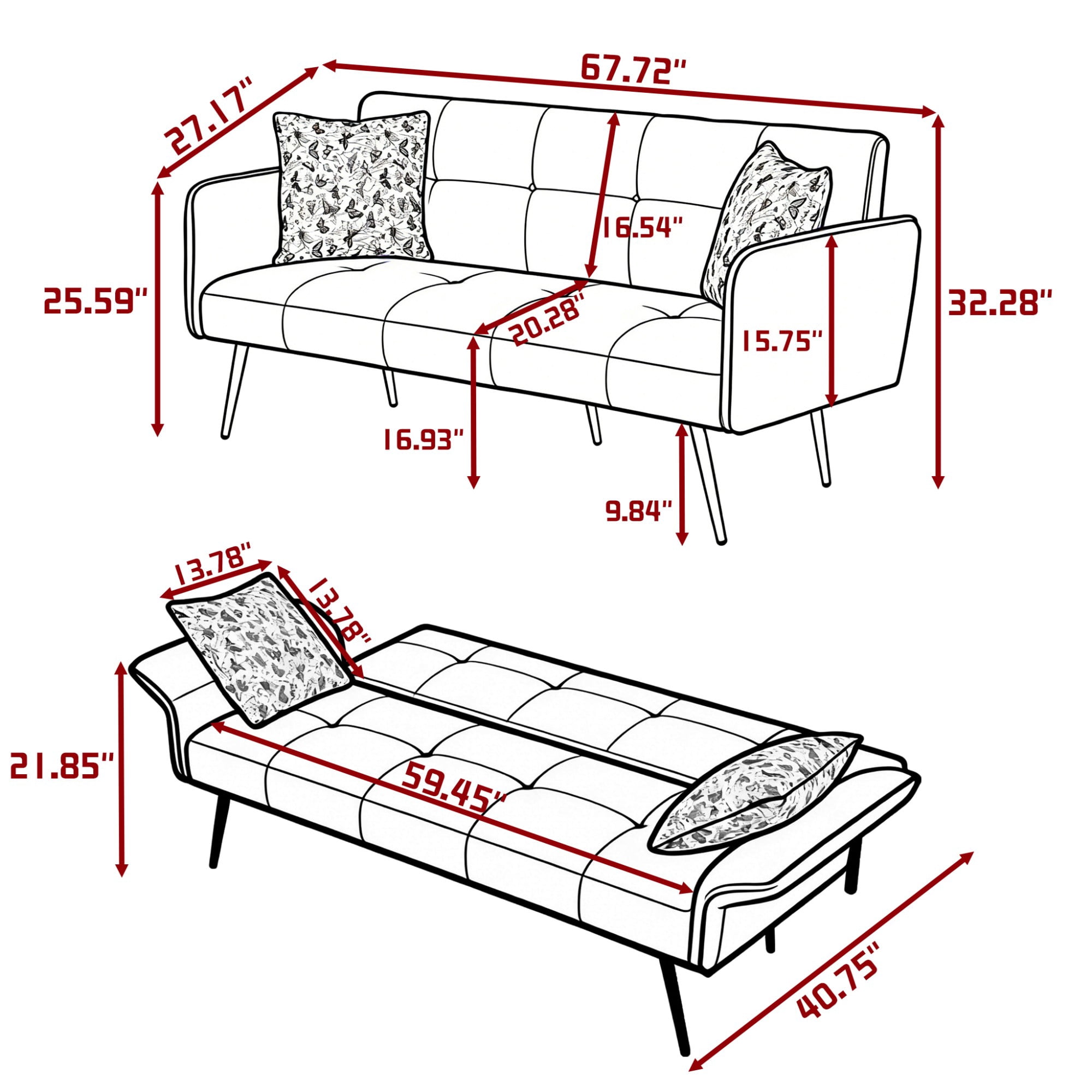 BSHTI 67.72" Teddy Fabric Convertible Futon Sofa Bed with 5-Position Adjustable Backrest & Armrest, Gold Metal Legs, Tufted Design, 2 Jacquard Pillows