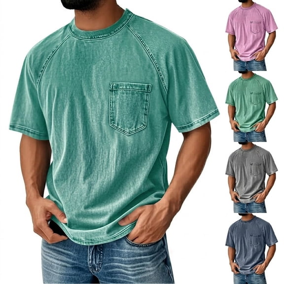 Hfnxid Big and Tall Men's Vintage Short Sleeve Shirt Solid Color Casual T-Shirt Fashion Crew Neck Tee with Pocket Green XXXXL