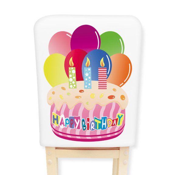 Birthday Chair Cover for Classroom, Happy Birthday Themed Chair Slipcover, Vibrant Cake & Balloon Pattern, Reusable Chair Decoration for Birthday Party Indoor Home Dining Chair Use