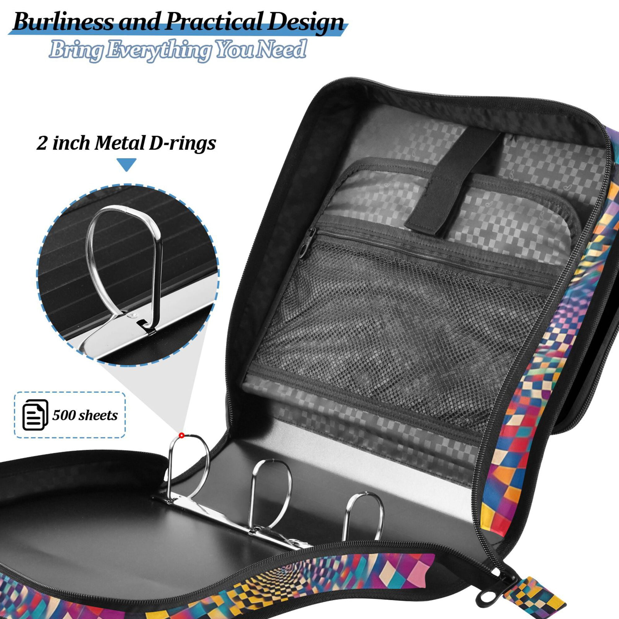 FORMRS Zipper Binder with Shoulder Strap 2-inch Ring 500 Sheet Capacity File Bag, Colorful Wavy Plaid