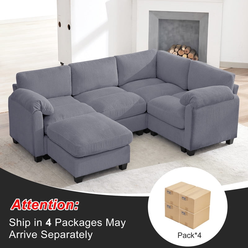 RIAFUN Modular Sectional Sofa, L Shaped Corduroy Sofa Couch, Modular Sectionals with Ottomans, 5 Seat Sofa Couch with Chaise for Living Room Bedroom, Dark Gray