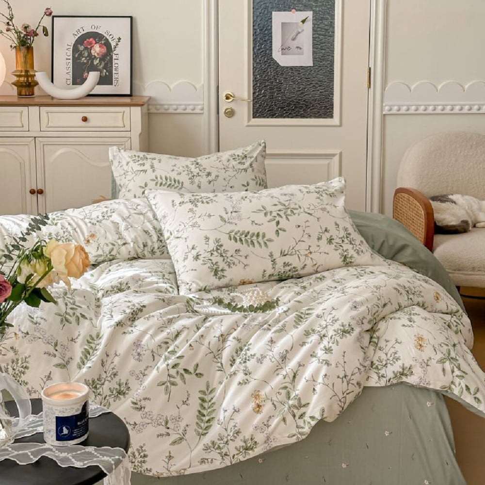 Floral Duvet Cover Twin Size 100% Cotton Reversible Green Botanical Leaf Printd on White Comforter Cover 3 Pieces Soft Breathable Spring Cottagecore Bedding Set with Zipper Closure
