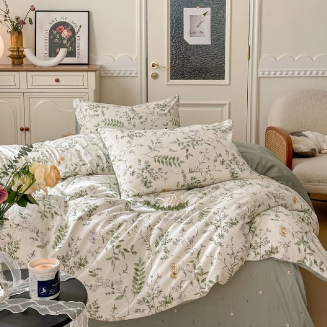 Housse de Couette Florale Taille Grand 100 % Coton Réversible Imprimé Feuille Botanique Verte sur Blanc