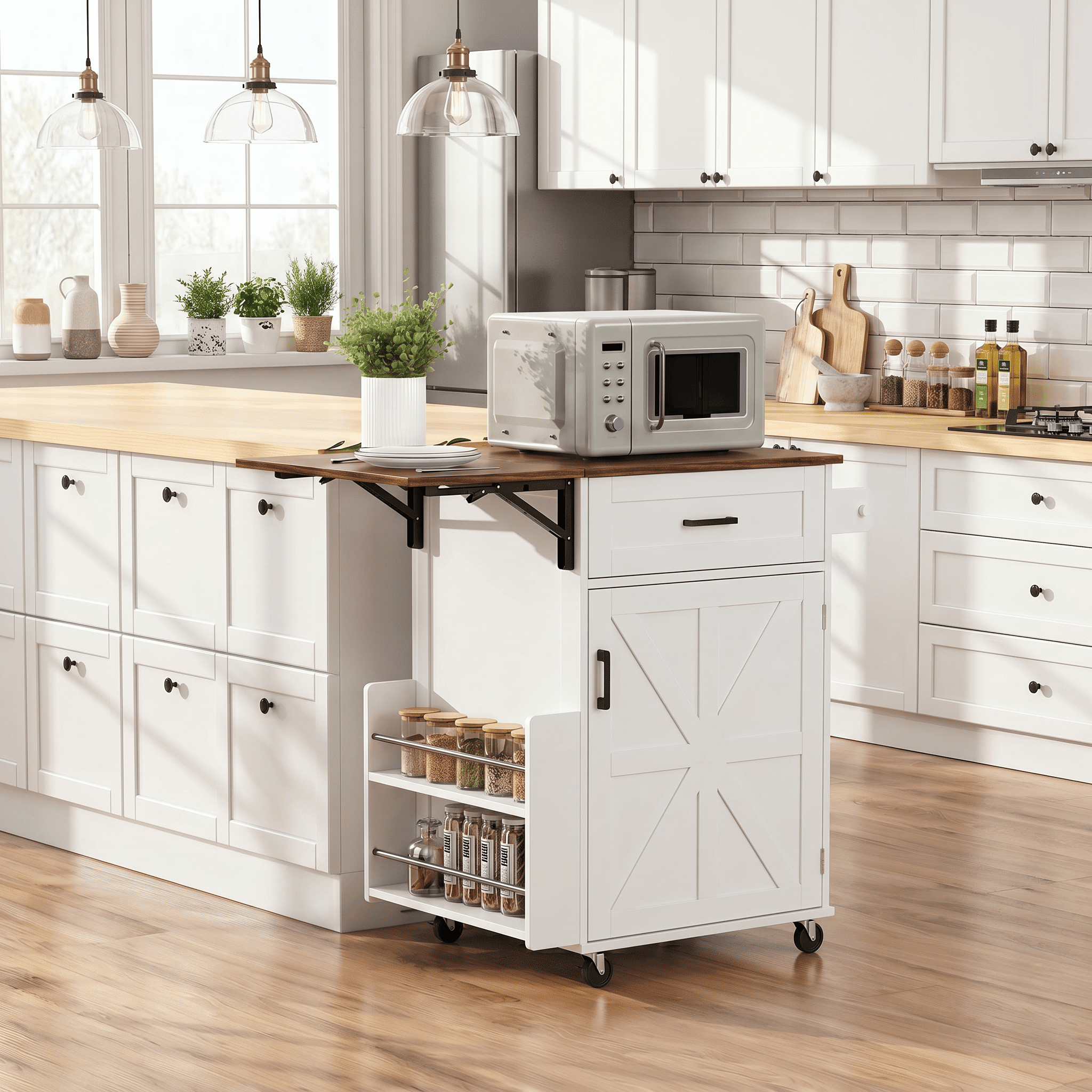 Homy Casa 39" Rolling Kitchen Island with Drop Leaf, Storage Cabinet, Drawer and Wheels White
