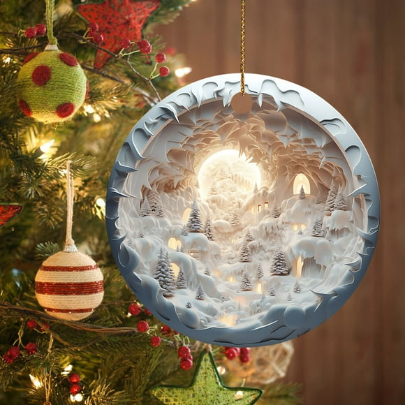 Dvkptbk Christmas Tree Ornaments 7.87" Round Acrylic Christmas Hanging Ornaments for Indoor/Outdoor Xmas Forest Snow House Hanging Decor Car Pendant Home Crafts Xmas Decorations/Gifts