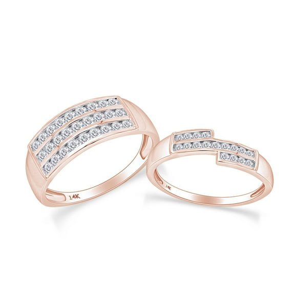 White Natural Diamond His And Hers Wedding Band Ring Set in 14K Rose Gold (1.13 Cttw)