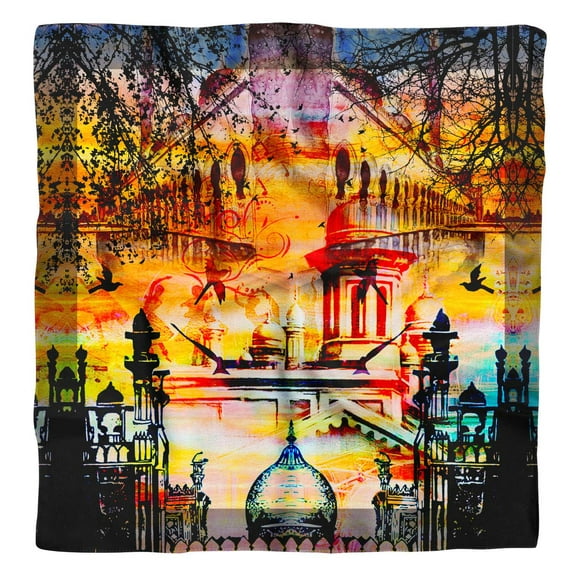 Phagun Yellow Mughal Monuments Pure Silk Printed Scarf Square Dupatta Head Neck Wrap Bandanas For Women