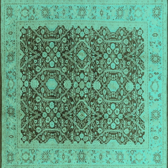 Ahgly Company Machine Washable Indoor Square Oriental Turquoise Blue Industrial Area Rugs, 7' Square