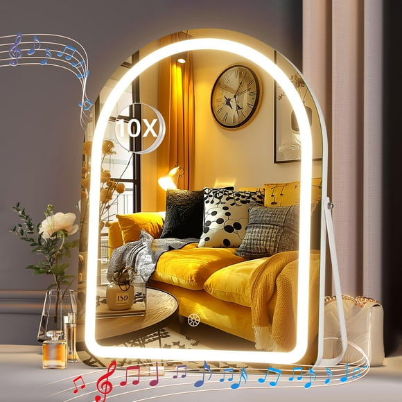 Hasipu Vanity Mirror with Lights and Bluetooth Speaker, 13.8"× 18" Arched LED Makeup Mirror, Lighted Makeup Mirror with Lights, Smart Touch Control Dimmable