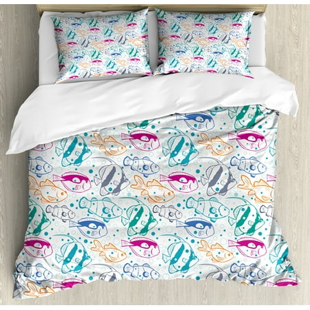 Fish King Size Duvet Cover Set Marine Design Ocean Animals Fish King Size Duvet Cover Set Marine Design Ocean Animals Underwater Hand Drawn In