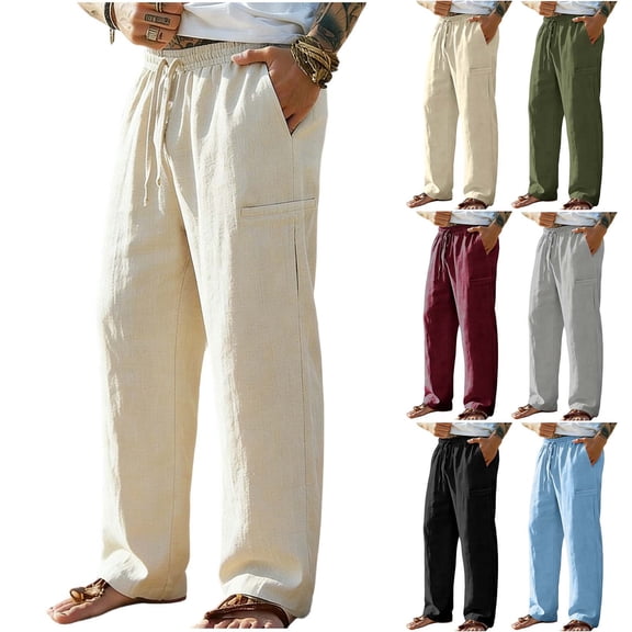Men's Loose Fit Casual Drawstring Pants Lightweight Straight Leg Trousers with Pockets for Outdoor & Daily Wear