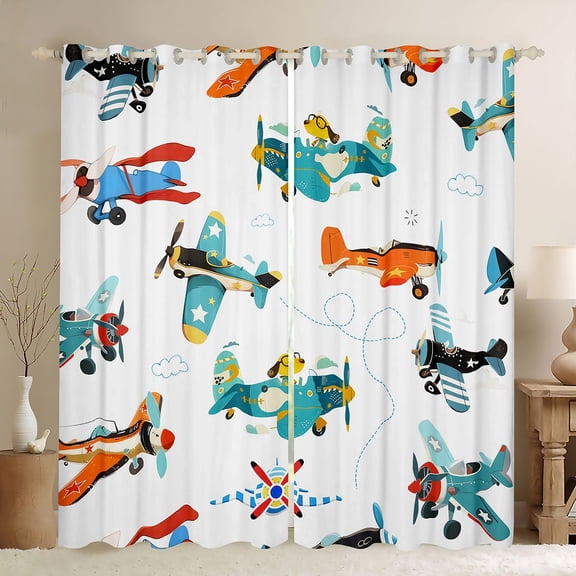 Homewish Cartoon Plane Black Out Curtains for Kids Children Boys,Kawaii Airplane Curtains Pack of 2 (42x63 Each),Transportation Theme Bedroom Curtains,Ultra Soft Home Decor