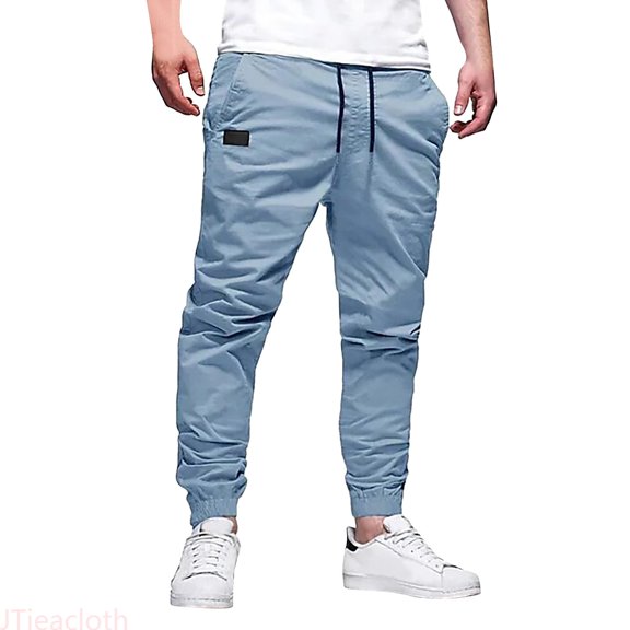JTieacloth Trousers Fashion Casual Length Full Mid Waist Pocket Pant Men's Solid Pencil Men's Pants Mens Cargo Pants Blue