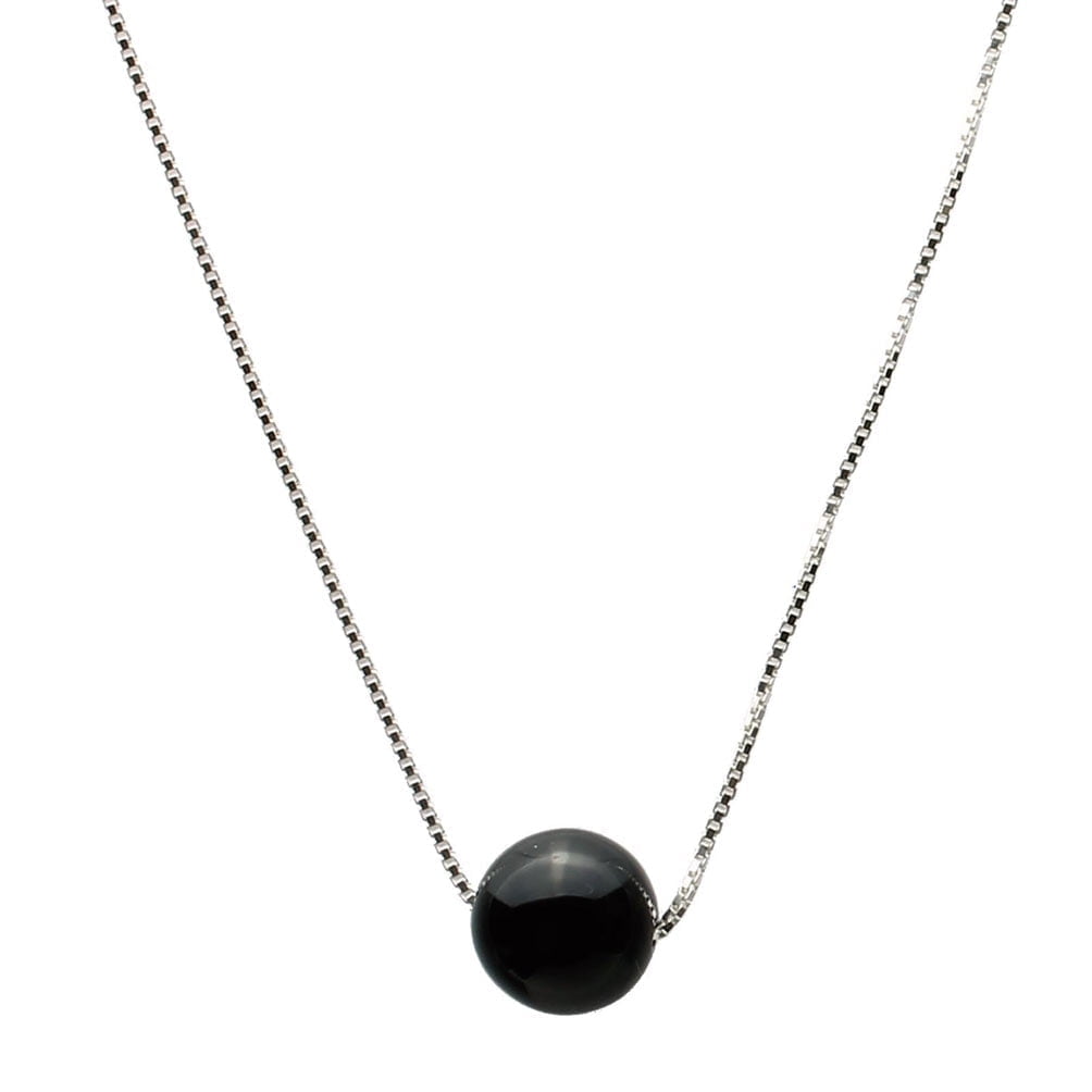 Round 10mm Black Onyx Stone Station Sterling Silver Box Chain Necklace 20"+2"