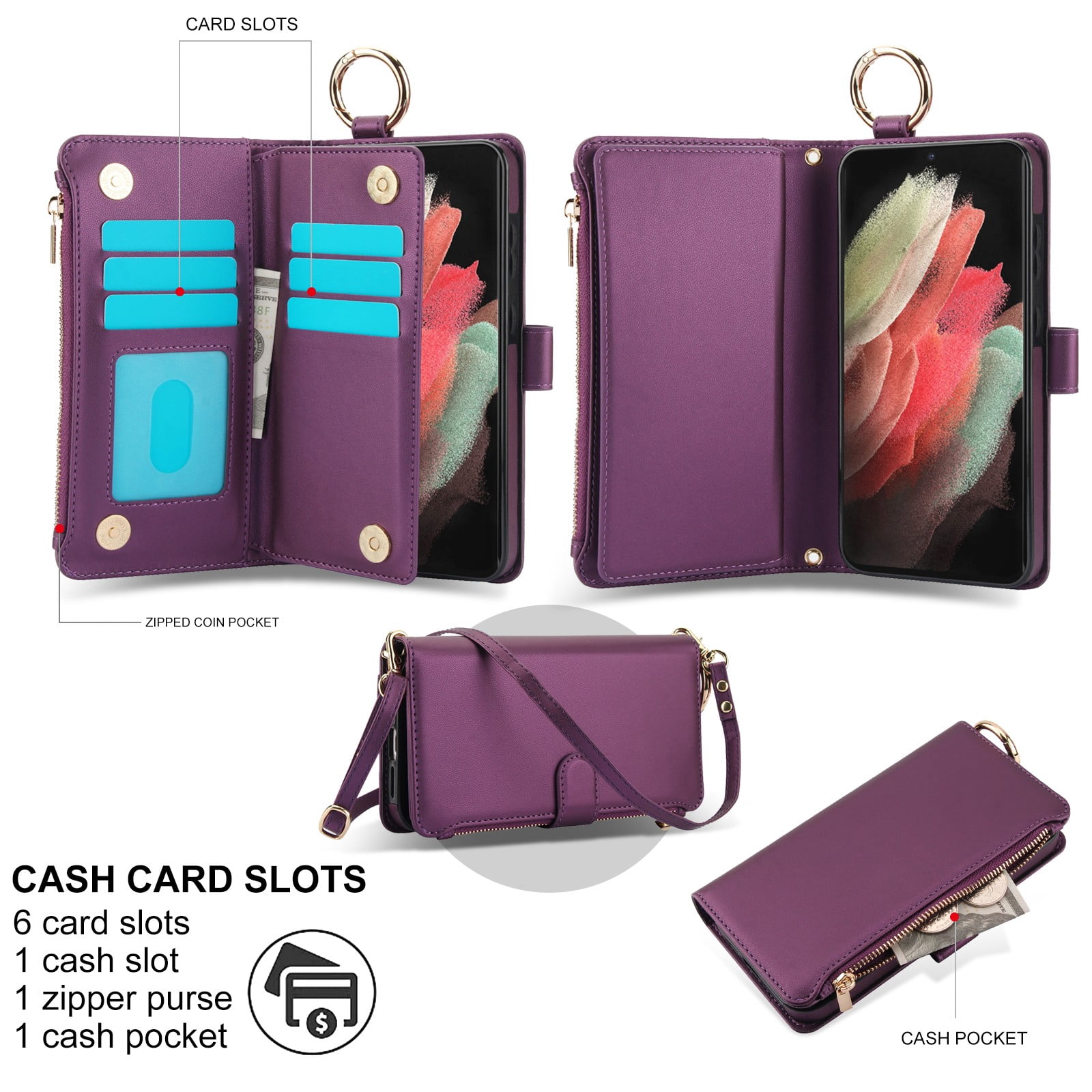 ELEHOLD For Samsung Galaxy S21 Ultra Phone Case Leather Crossbody Zipper Card Wallet Flip Case Kickstand Cover, with Ring Holder,Full Body Protection-Deeppurple