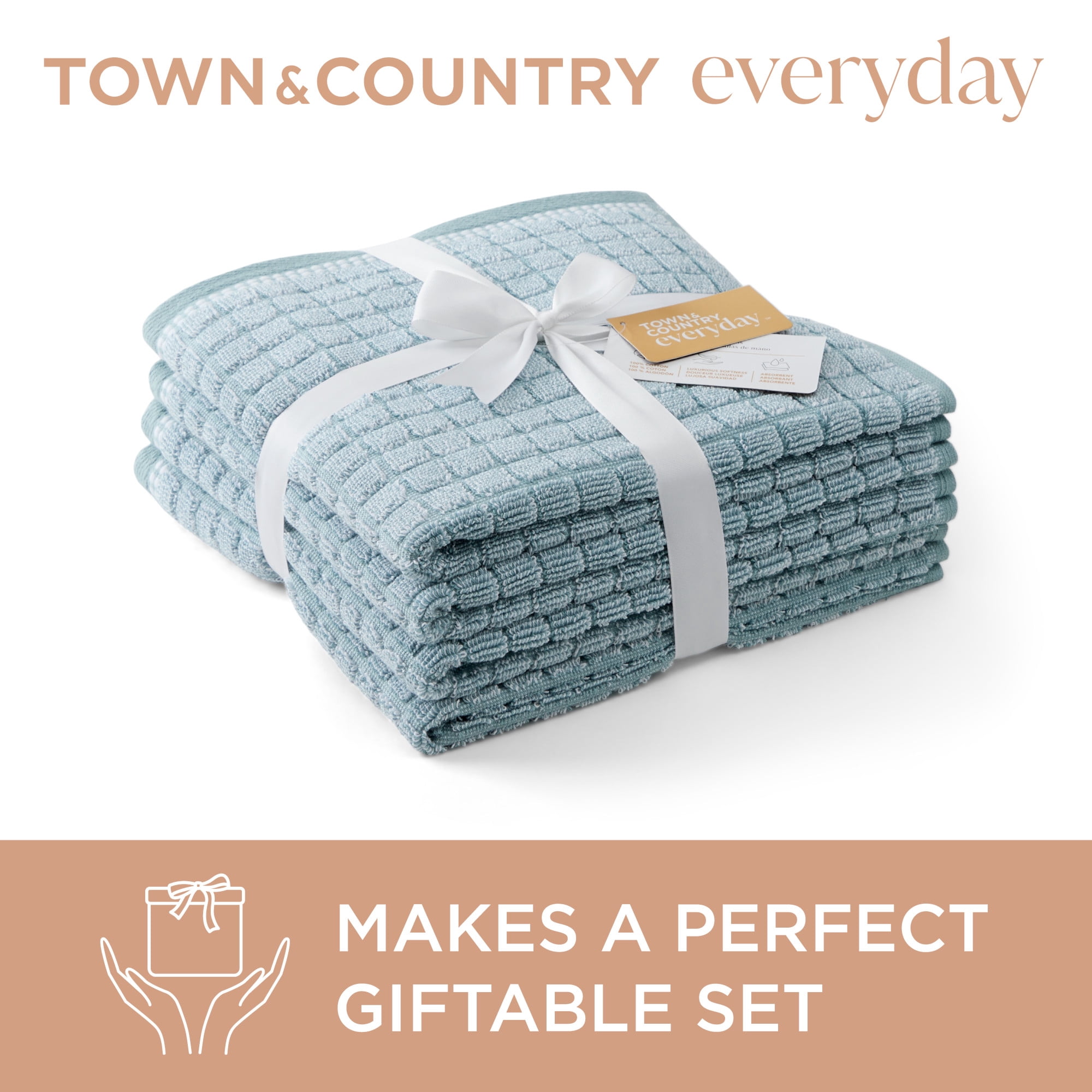 TOWN & COUNTRY EVERYDAY 4-Piece Textured Windowpane Hand Towel Set, 20"x30", 100% Cotton, Plush & Absorbent 550GSM, Aqua Blue