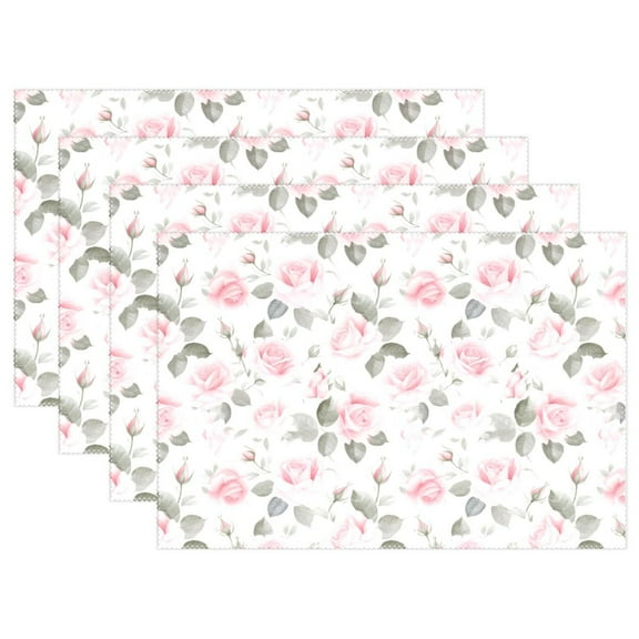 Pink Rose Flowers 4 PCs Placemats Set Linen Non-Slip Table Mat Rectangular Washable for Dining Kitchen Party 12"x18"