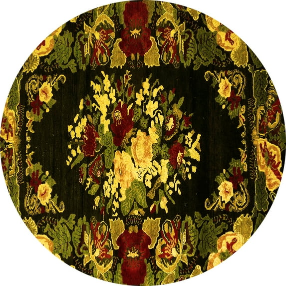 Ahgly Company Machine Washable Indoor Round Medallion Yellow French Area Rugs, 5' Round