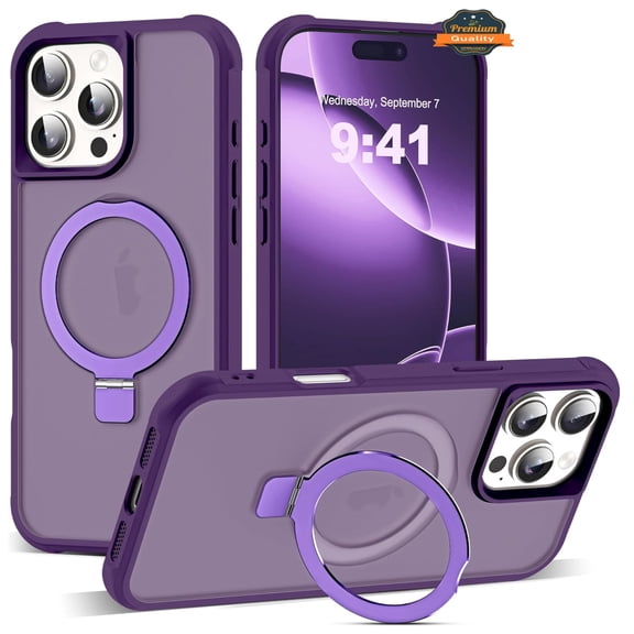 For Apple iPhone 16 (6.1") Translucent Matte Finish, MagSafe Compatible, Built-in Ring Stand, Shockproof Protective Back Phone Case Cover Purple