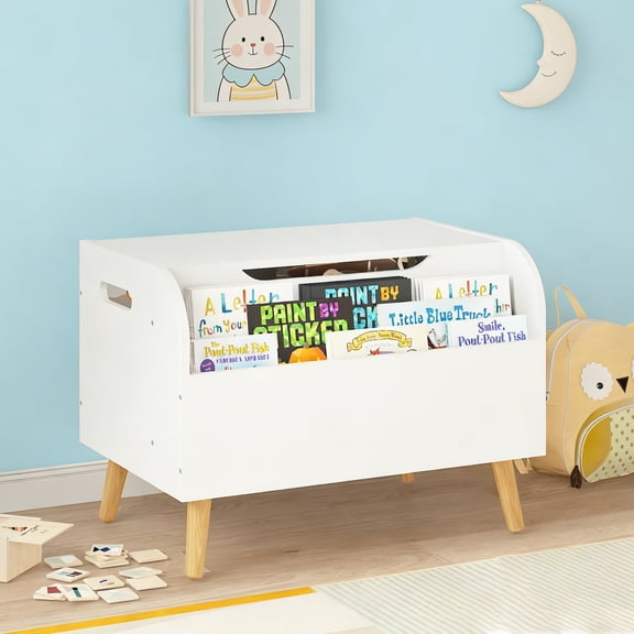 Kids Wooden Toy Box with Front Bookshelf,Toy Storage Organizer,Safety Hinge,Boys Girls Toy Chest Bench for Playroom Kids Room Organization,White