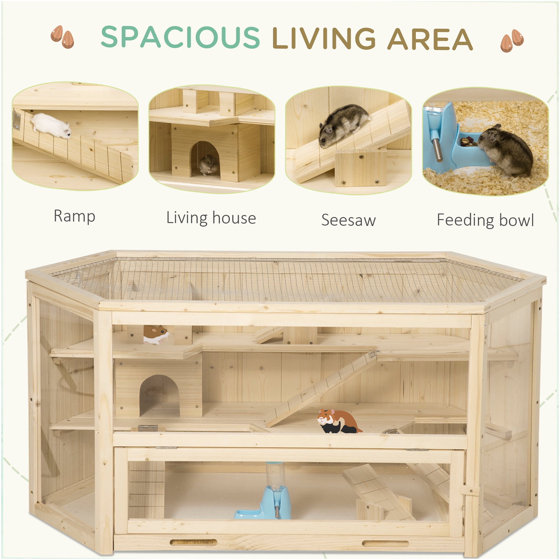 JERFIT 3-Tier Wooden Hamster Cage with Accessories, Large Natural Wood Small Animal Habitat Playpen with Detachable Tray, Ladders, Seesaws, Water Bottle for Hamsters, Gerbils, Mice