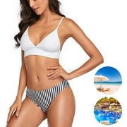 Women's Two Piece Bikini Swimsuit Set V Neck Lace Up Adjustable Spaghetti Strap White Top with Striped Panties Swimwear