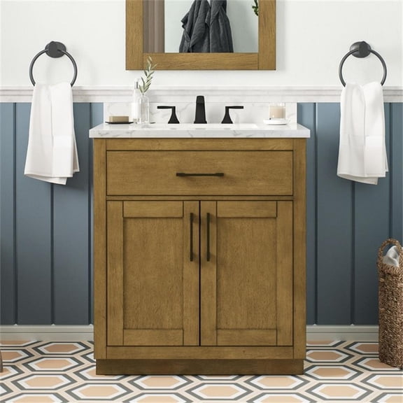 Pemberly Row 30" Bathroom Vanity in Almond Latte with White Countertop