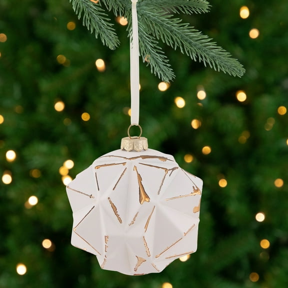 3D Geometric Glass Christmas Ornament - 4" - White and Gold